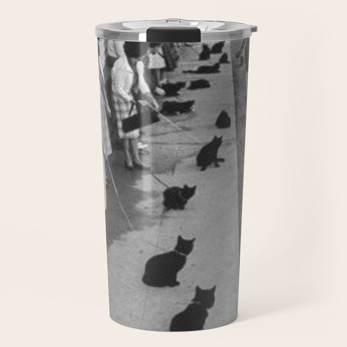 Black Cats Auditioning in Hollywood black and white photograph Travel Mug Gallery Image 1