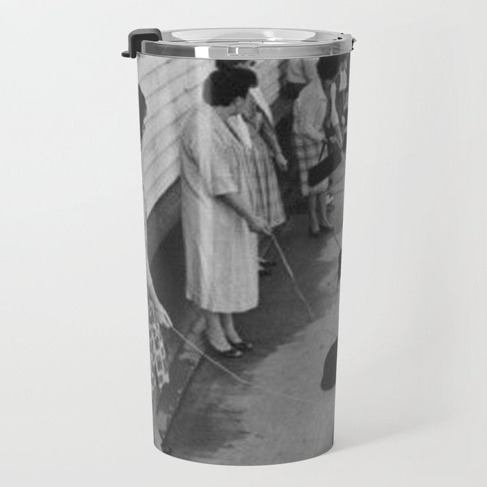 Black Cats Auditioning in Hollywood black and white photograph Travel Mug Gallery Image 3