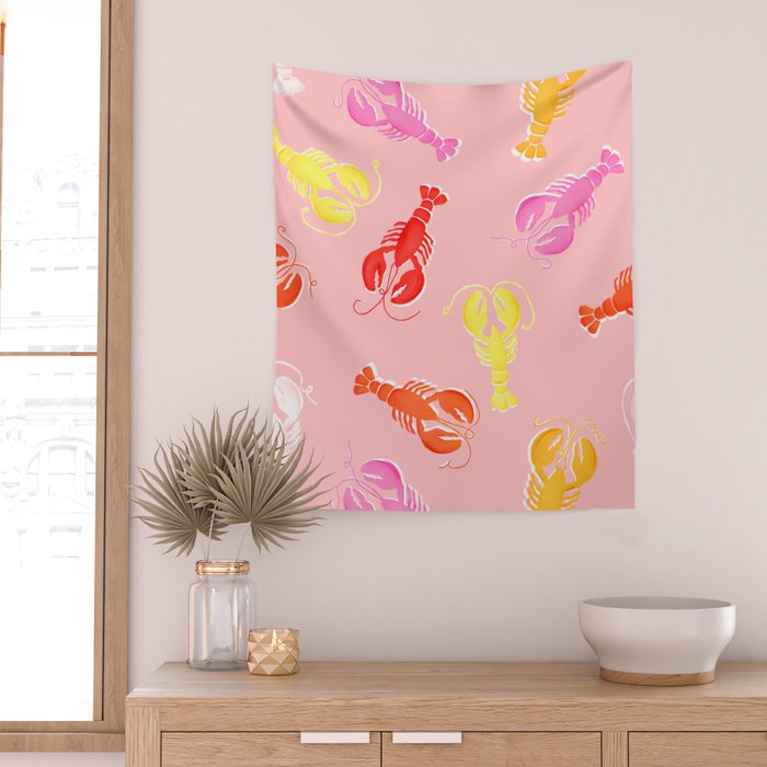 Pink Lobster Pattern Wall Tapestry Gallery Image 2
