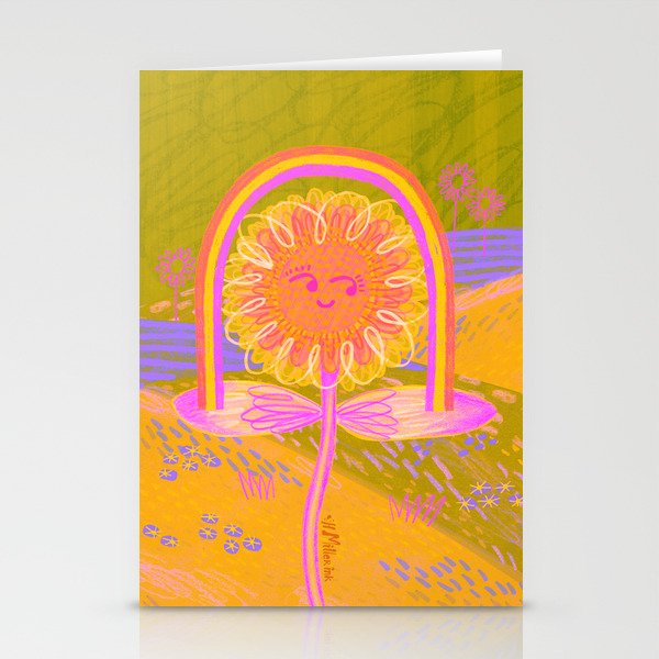 Retro Sunflower & Rainbow in Green & Pink Stationery Card Gallery Image 1