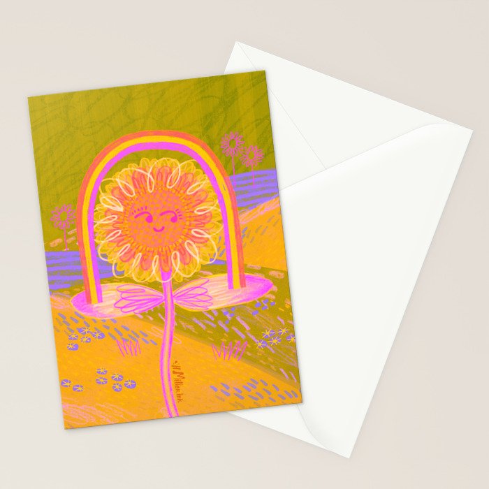 Retro Sunflower & Rainbow in Green & Pink Stationery Card Gallery Image 2