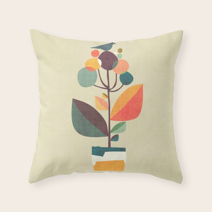 Potted plant with a bird Throw Pillow Gallery Image 1
