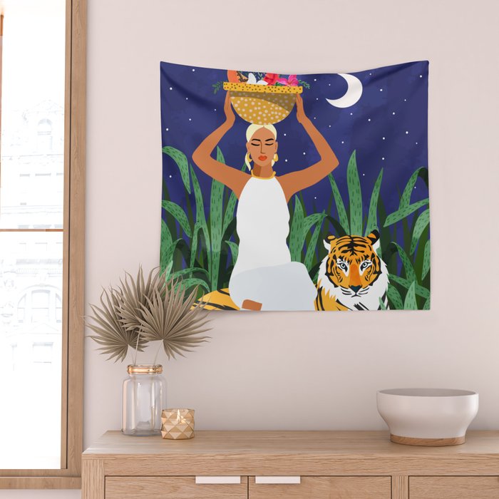 Tiger Camping, Wildlife Wild Jungle Illustration, Modern Bohemian Black Woman, Starry Night Moon Wall Tapestry Gallery Image 2