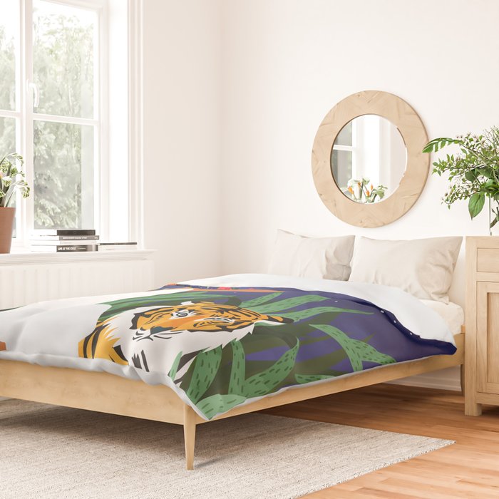 Tiger Camping, Wildlife Wild Jungle Illustration, Modern Bohemian Black Woman, Starry Night Moon Duvet Cover Gallery Image 2