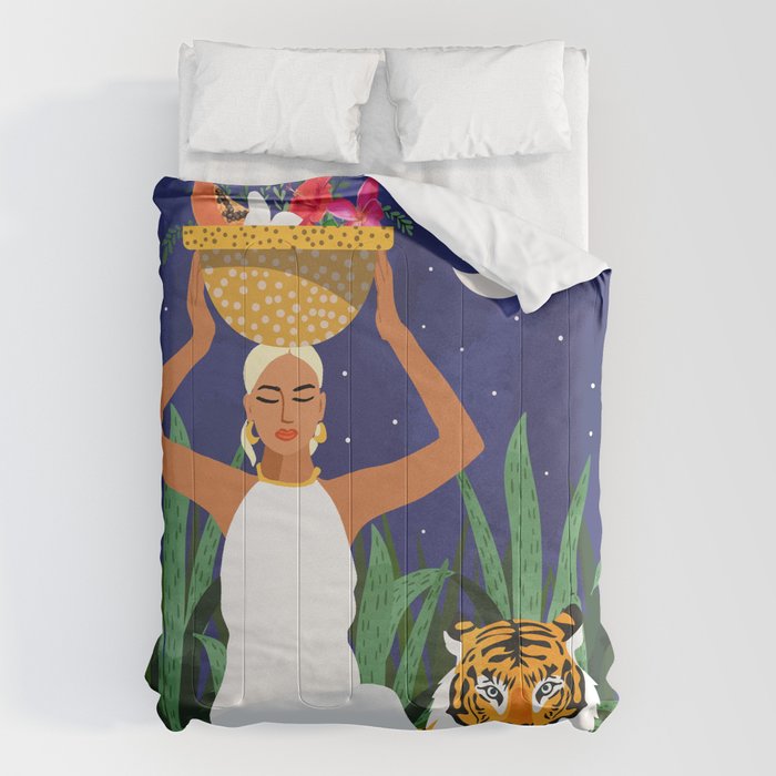 Tiger Camping, Wildlife Wild Jungle Illustration, Modern Bohemian Black Woman, Starry Night Moon Comforter Gallery Image 1
