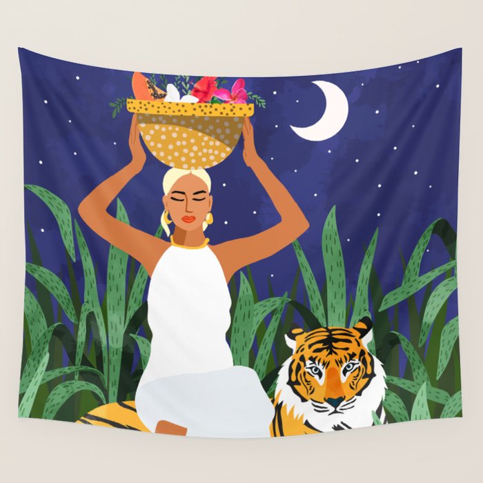 Tiger Camping, Wildlife Wild Jungle Illustration, Modern Bohemian Black Woman, Starry Night Moon Wall Tapestry Gallery Image 4