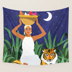 Tiger Camping, Wildlife Wild Jungle Illustration, Modern Bohemian Black Woman, Starry Night Moon Wall Tapestry Gallery Image 4