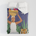 Tiger Camping, Wildlife Wild Jungle Illustration, Modern Bohemian Black Woman, Starry Night Moon Duvet Cover Gallery Image 6
