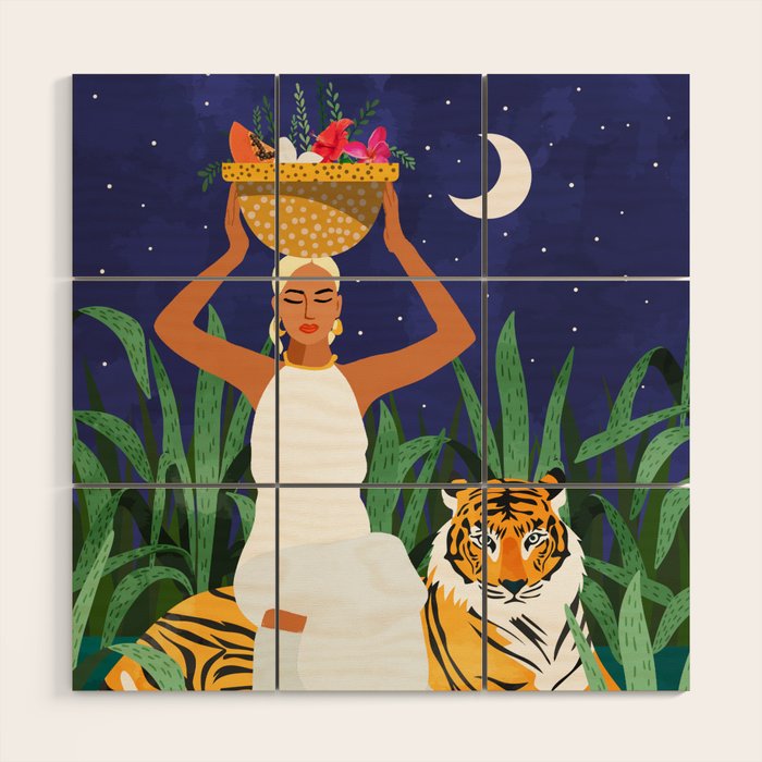 Tiger Camping, Wildlife Wild Jungle Illustration, Modern Bohemian Black Woman, Starry Night Moon Wood Wall Art Gallery Image 1