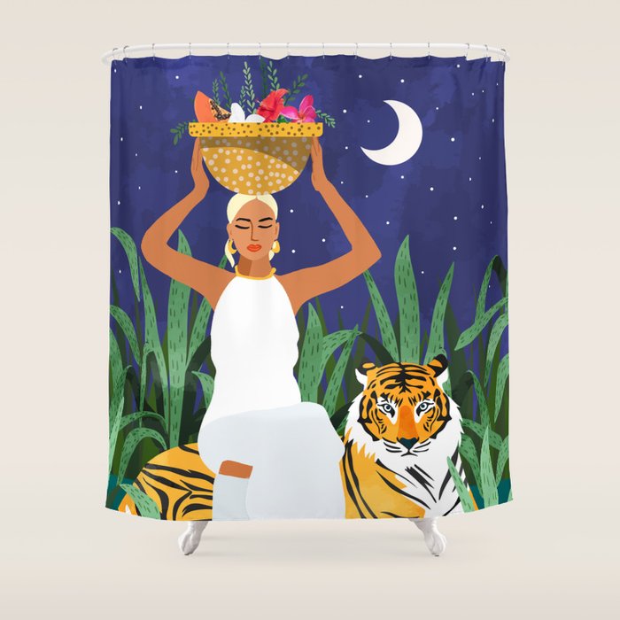 Tiger Camping, Wildlife Wild Jungle Illustration, Modern Bohemian Black Woman, Starry Night Moon Shower Curtain Gallery Image 1