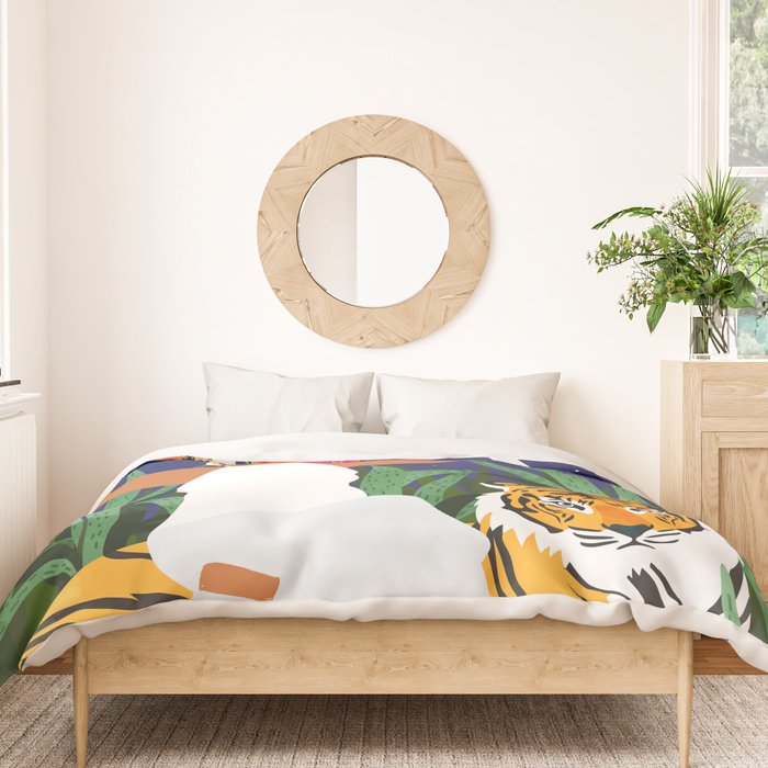 Tiger Camping, Wildlife Wild Jungle Illustration, Modern Bohemian Black Woman, Starry Night Moon Duvet Cover Gallery Image 3