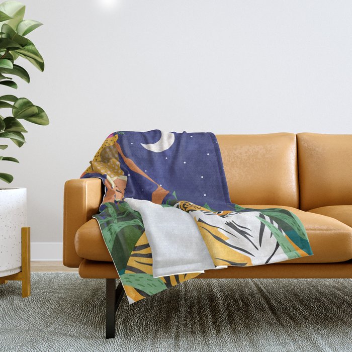 Tiger Camping, Wildlife Wild Jungle Illustration, Modern Bohemian Black Woman, Starry Night Moon Throw Blanket Gallery Image 1
