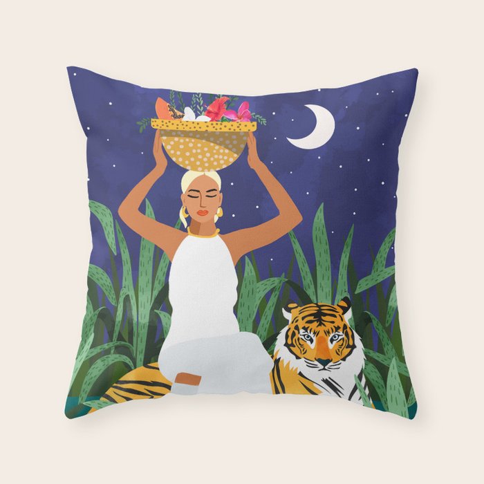 Tiger Camping, Wildlife Wild Jungle Illustration, Modern Bohemian Black Woman, Starry Night Moon Throw Pillow Gallery Image 1