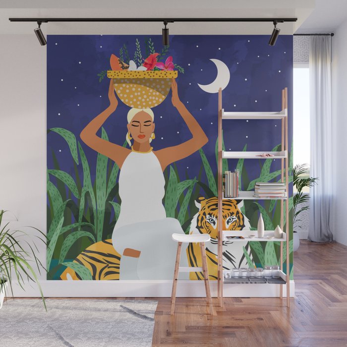 Tiger Camping, Wildlife Wild Jungle Illustration, Modern Bohemian Black Woman, Starry Night Moon Wall Mural Gallery Image 1