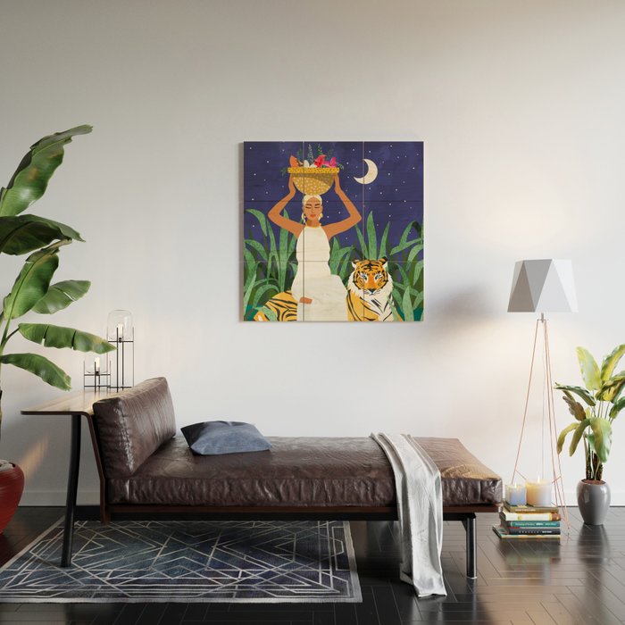 Tiger Camping, Wildlife Wild Jungle Illustration, Modern Bohemian Black Woman, Starry Night Moon Wood Wall Art Gallery Image 2