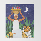 Tiger Camping, Wildlife Wild Jungle Illustration, Modern Bohemian Black Woman, Starry Night Moon Throw Blanket Gallery Image 2