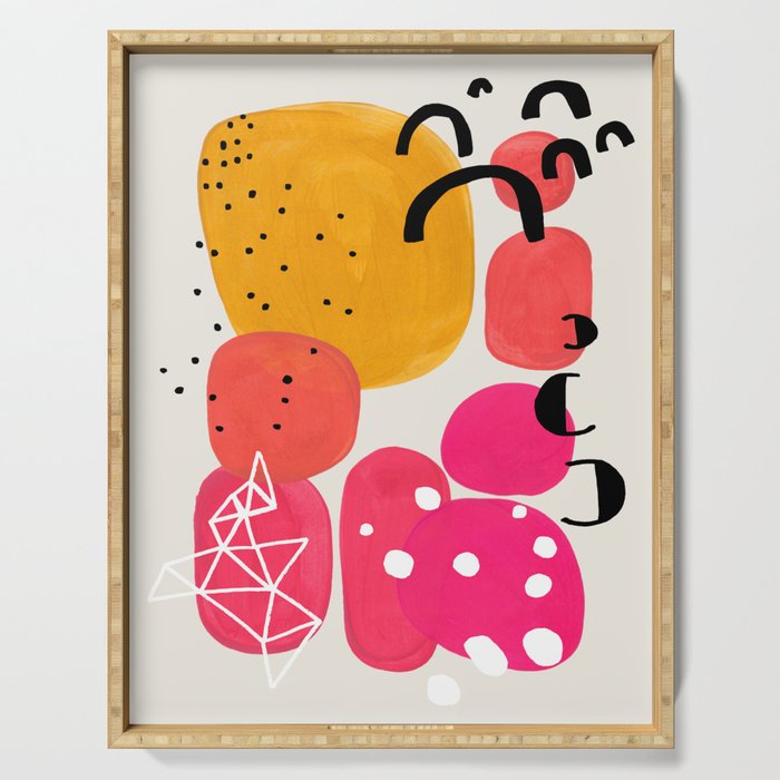 Vintage Fun Minimalist Abstract Colorful Mid century Modern Yellow Magenta Bubbles With Patterns Serving Tray Gallery Image 1