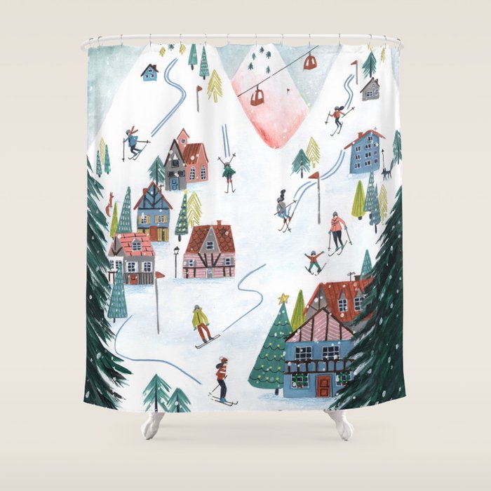 Skiing Winter Village Shower Curtain Gallery Image 1