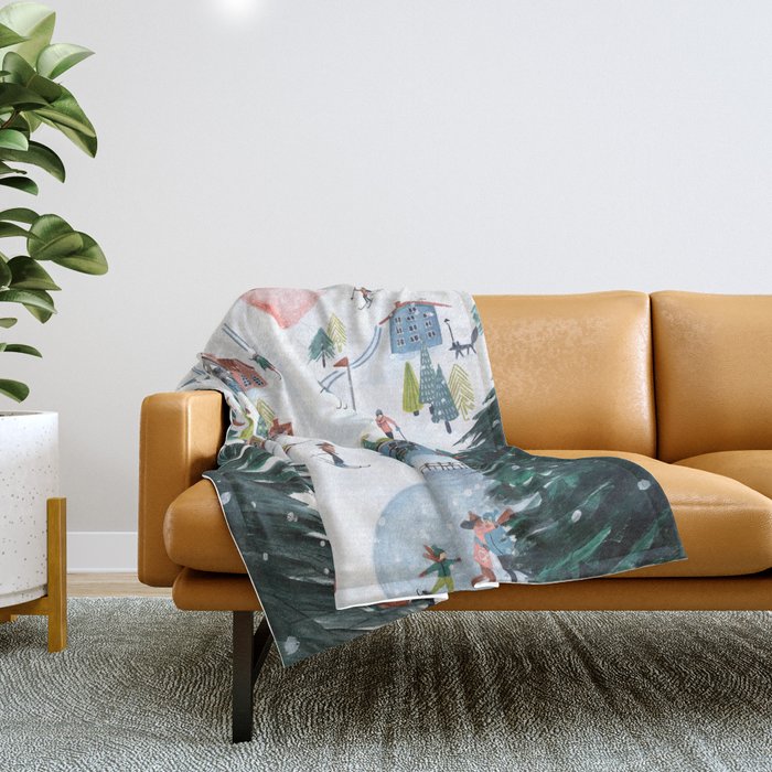 Skiing Winter Village Throw Blanket Gallery Image 1