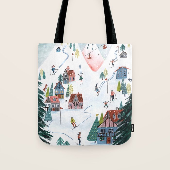 Skiing Winter Village Tote Bag Gallery Image 1