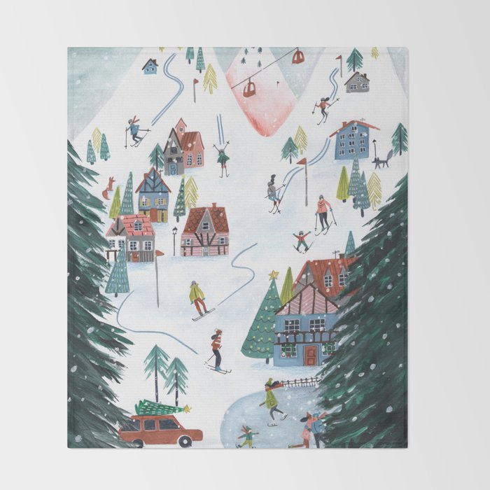 Skiing Winter Village Throw Blanket Gallery Image 2