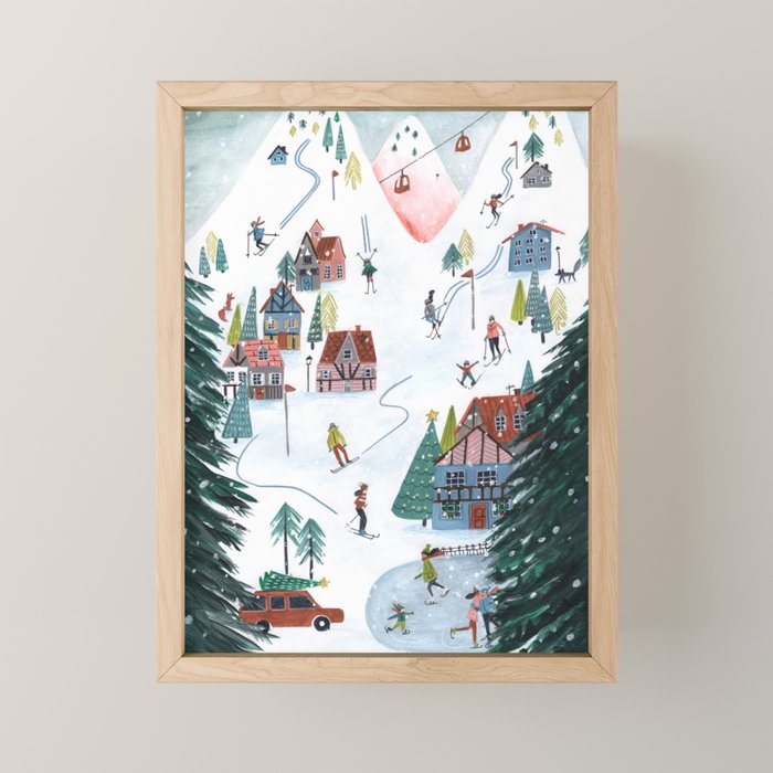 Skiing Winter Village Mini Art Print Gallery Image 1