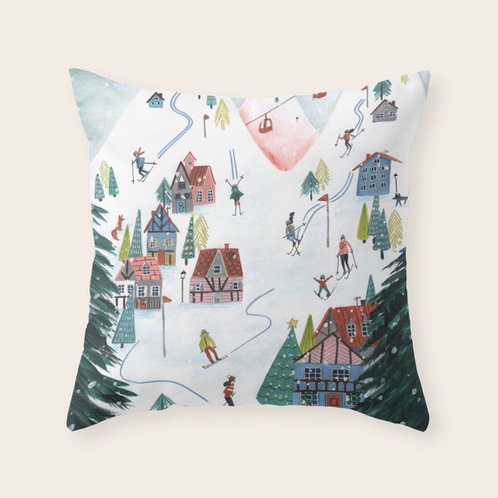 Skiing Winter Village Throw Pillow Gallery Image 1