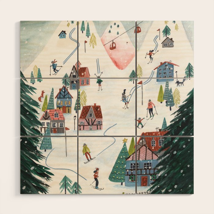 Skiing Winter Village Wood Wall Art Gallery Image 1