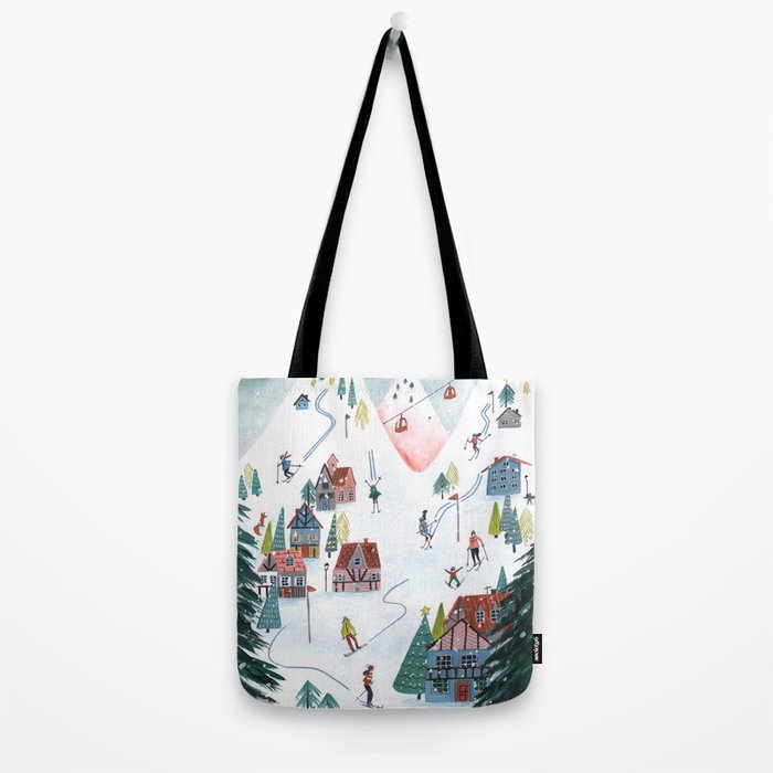 Skiing Winter Village Tote Bag Gallery Image 2