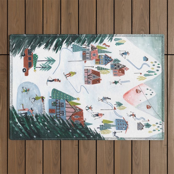 Skiing Winter Village Outdoor Rug Gallery Image 1