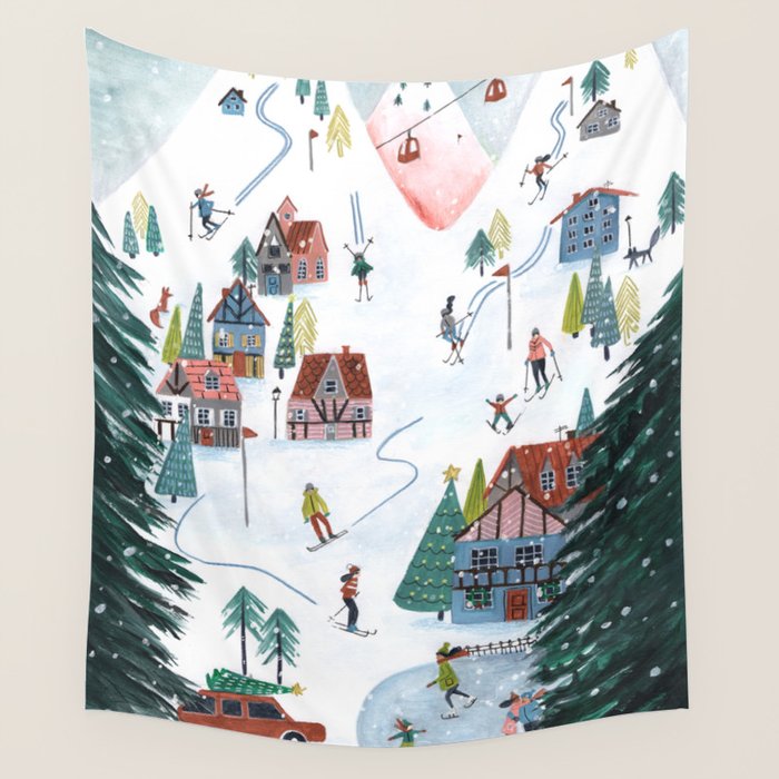 Skiing Winter Village Wall Tapestry Gallery Image 4
