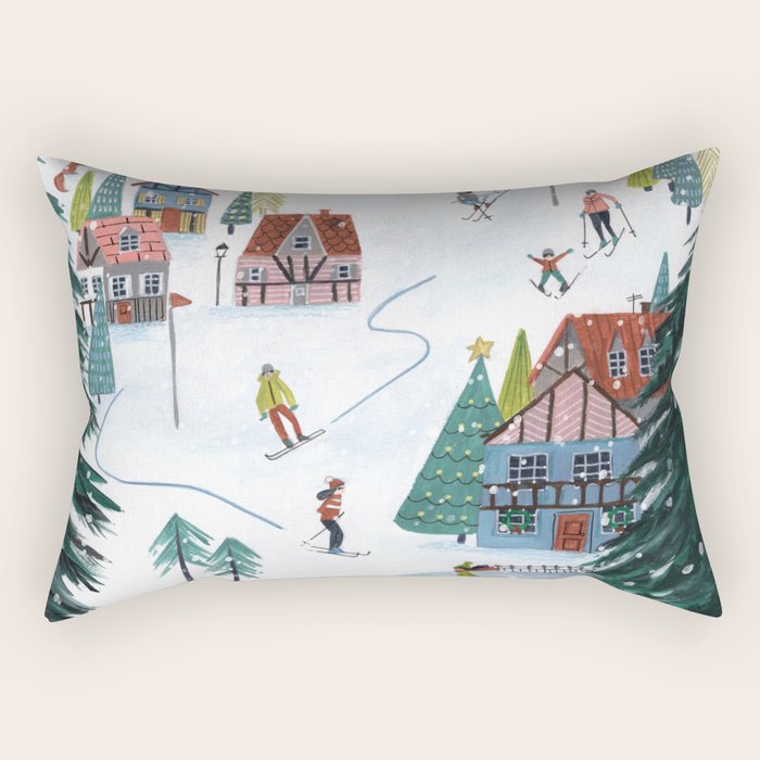 Skiing Winter Village Rectangular Pillow Gallery Image 2