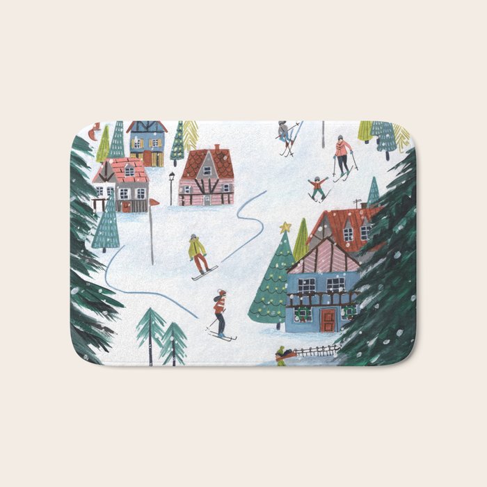 Skiing Winter Village Bath Mat Gallery Image 1