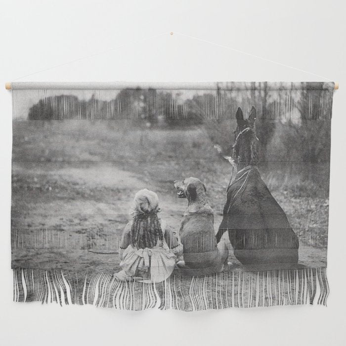 A Girl, Her Dog, and Her Horse wonderful black and white photograph - photography Wall Hanging Gallery Image 1