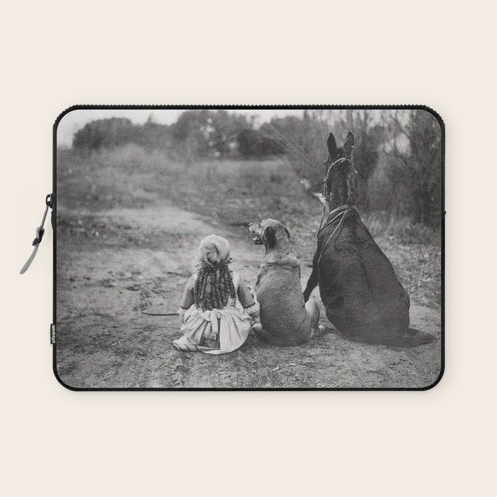 A Girl, Her Dog, and Her Horse wonderful black and white photograph - photography Laptop Sleeve Gallery Image 1