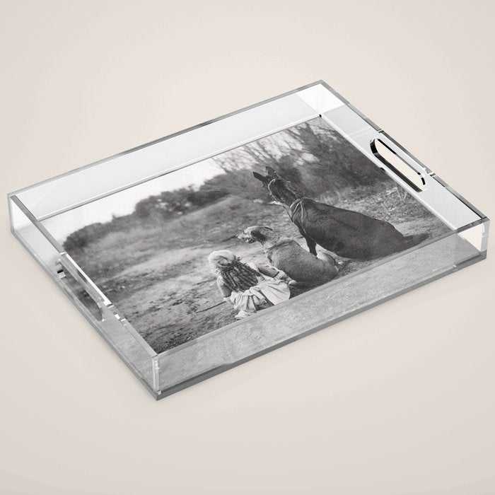 A Girl, Her Dog, and Her Horse wonderful black and white photograph - photography Acrylic Tray Gallery Image 1