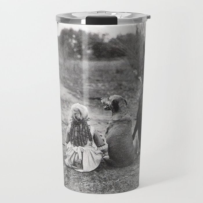 A Girl, Her Dog, and Her Horse wonderful black and white photograph - photography Travel Mug Gallery Image 1