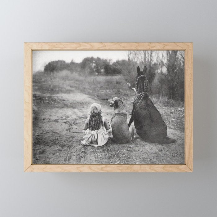 A Girl, Her Dog, and Her Horse wonderful black and white photograph - photography Mini Art Print Gallery Image 1