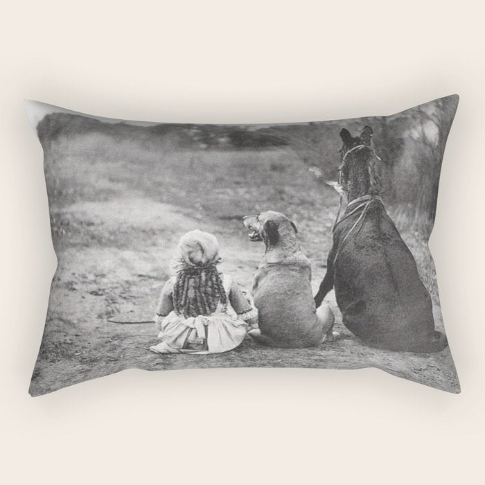 A Girl, Her Dog, and Her Horse wonderful black and white photograph - photography Rectangular Pillow Gallery Image 2