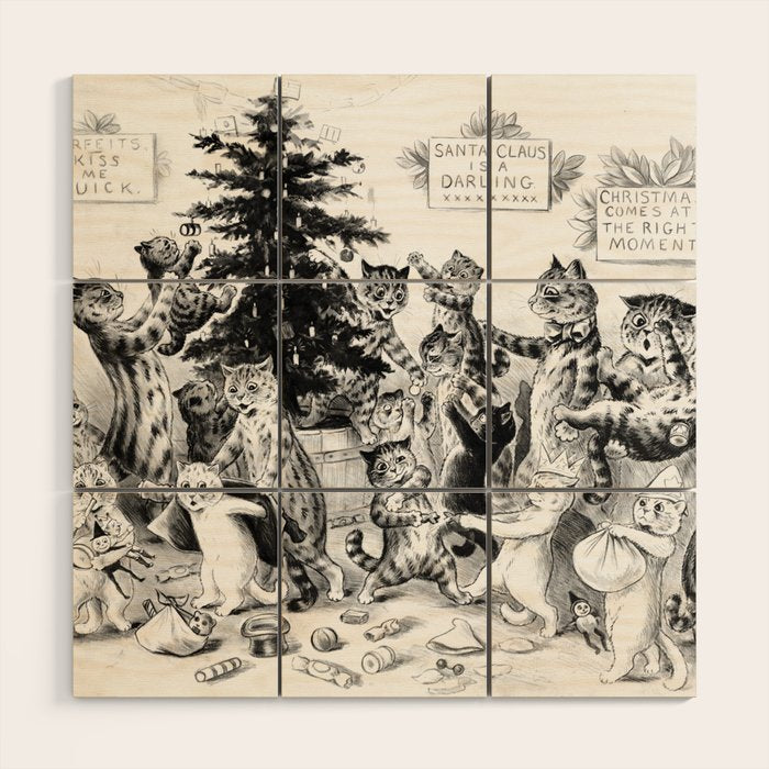 'Cats Decorating The Christmas Tree' Vintage Cat Art by Louis Wain Wood Wall Art Gallery Image 1