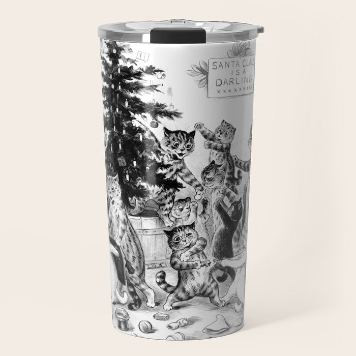 'Cats Decorating The Christmas Tree' Vintage Cat Art by Louis Wain Travel Mug Gallery Image 1