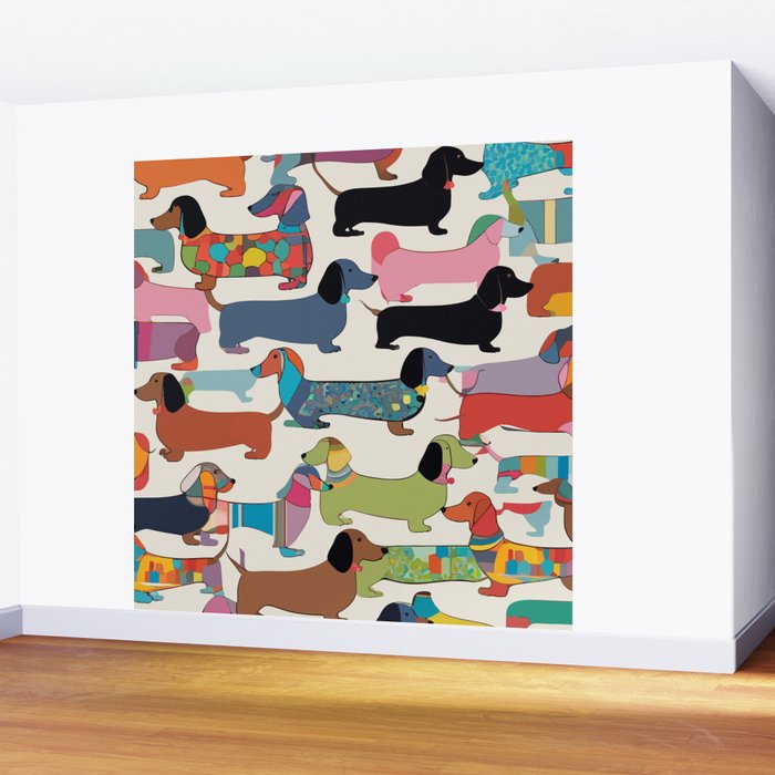 Dachshunds, Dog Pet Animals Eclectic, Contemporary Bohemian Illustration Toy Dogs Pastel Boho Modern Abstract Wall Mural Gallery Image 2