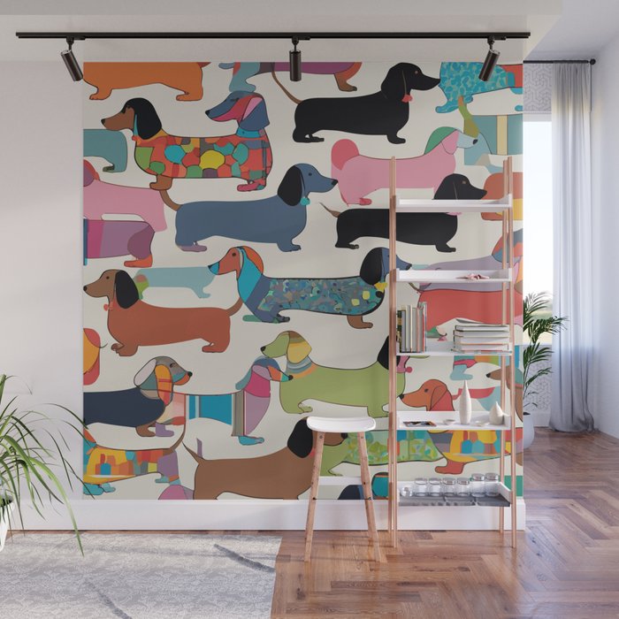Dachshunds, Dog Pet Animals Eclectic, Contemporary Bohemian Illustration Toy Dogs Pastel Boho Modern Abstract Wall Mural Gallery Image 1