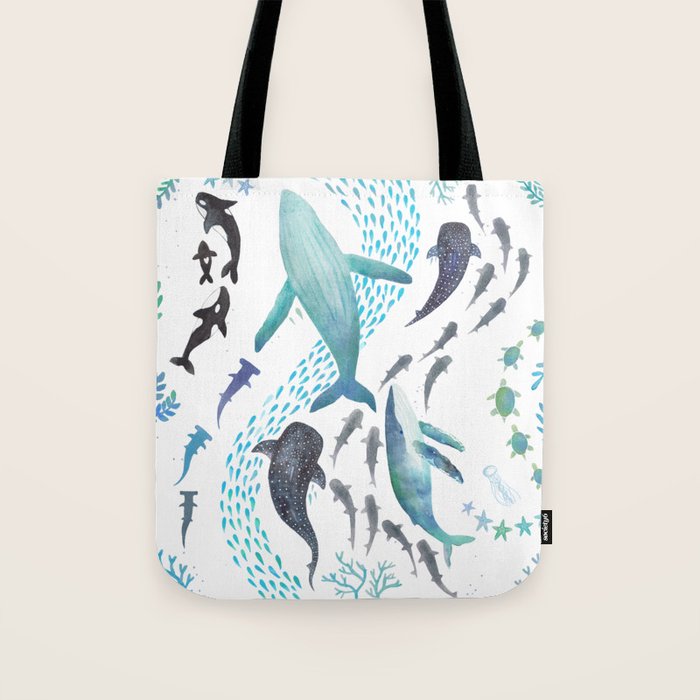 Sharks, Humpback Whales, Orcas & Turtles Ocean Play Print Tote Bag Gallery Image 1