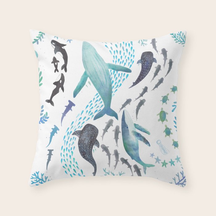 Sharks, Humpback Whales, Orcas & Turtles Ocean Play Print Throw Pillow Gallery Image 6