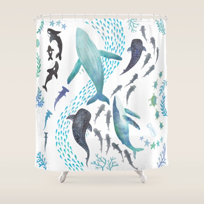 Sharks, Humpback Whales, Orcas & Turtles Ocean Play Print Shower Curtain Gallery Image 1