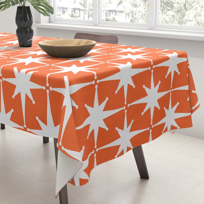 Midcentury Modern Atomic Starburst Pattern in Orange and White Tablecloth Gallery Image 3