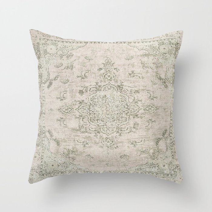 Antique Persian Neutral Vintage Rug Print Cream Throw Pillow Gallery Image 6