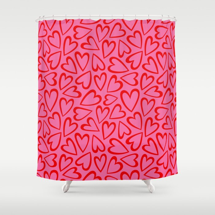 Red love heart cartoon pattern Shower Curtain Gallery Image 1