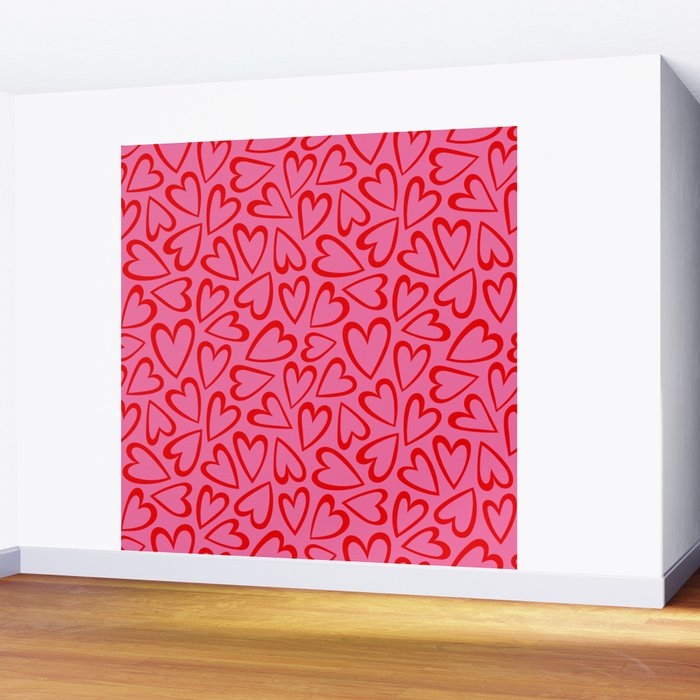 Red love heart cartoon pattern Wall Mural Gallery Image 2